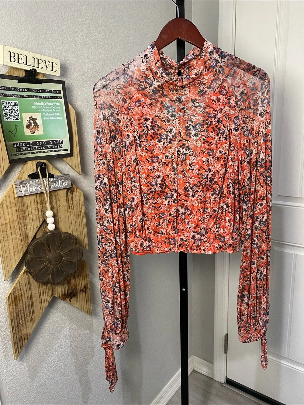 Free People All Dolled Up Floral Key Hole Mock Neck Blouse button closure